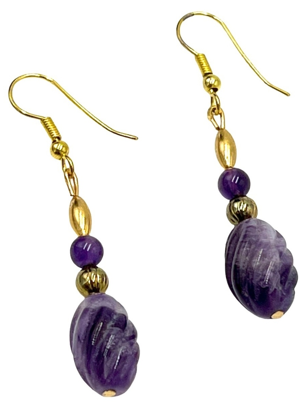 Vintage Genuine Carved Amethyst Goldtone Dangle Earrings
